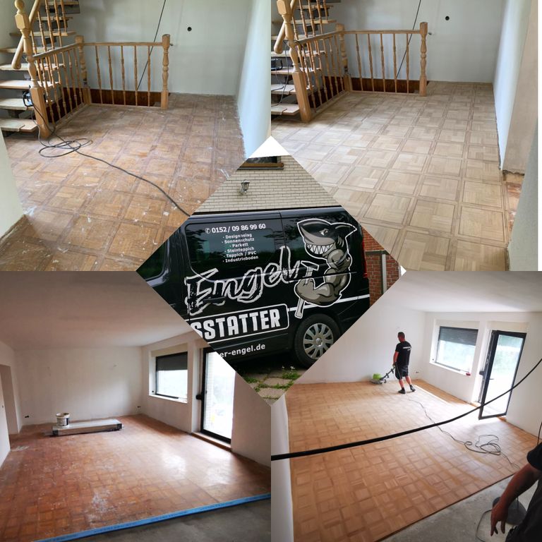 60 m² Parkett schleifen, Parkett versiegeln/ lackieren, Sockelleist...